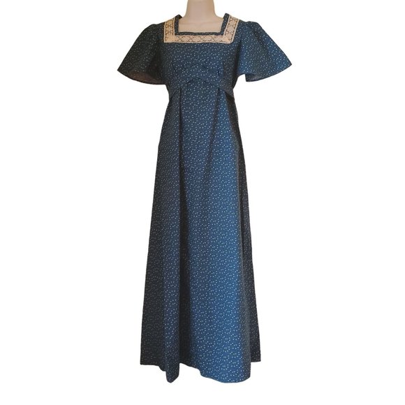 Homemade Blue Green Floral Dress Lace Prairie Cosplay Square Neck Empire Waist‎ - Picture 1 of 3